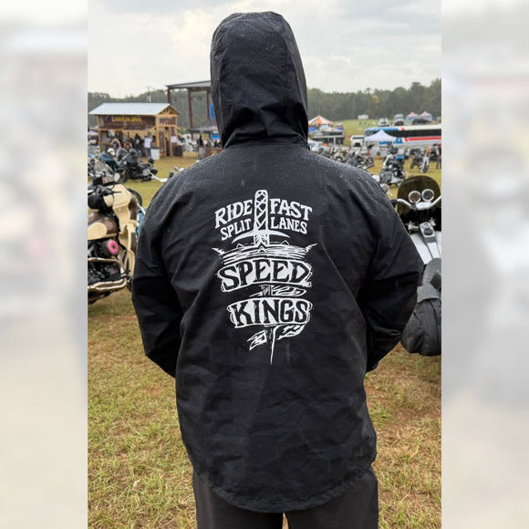Ride Fast Split Lanes Black Camo Waterproof Hooded Windbreaker for Motorcycle Riders by Speed Kings Cycle Back Side