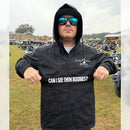 Ride Fast Split Lanes Black Camo Waterproof Hooded Windbreaker for Motorcycle Riders by Speed Kings Cycle Hidden Message on pocket