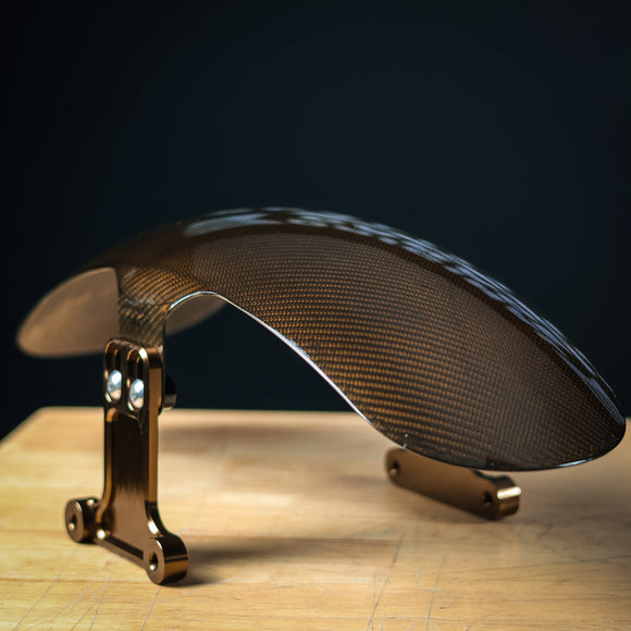 Shorty touring carbon fiber motorcycle fender with bronze mounting brackets
