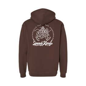 Brown hoodie with running pyramid graphic and text on a white background