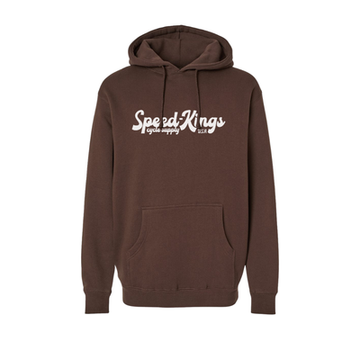 Brown hoodie with 'Speed Kings' logo on a white background
