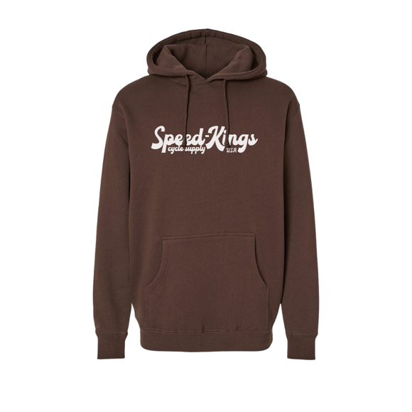 Brown hoodie with 'Speed Kings' logo on a white background