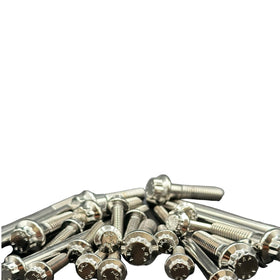 Close-up of Bamco ARP stainless steel chrome bolts for Harley-Davidson motorcycles