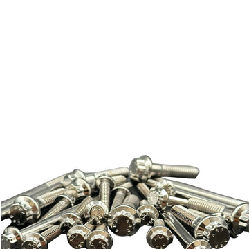 Close-up of Bamco ARP stainless steel chrome bolts for Harley-Davidson motorcycles
