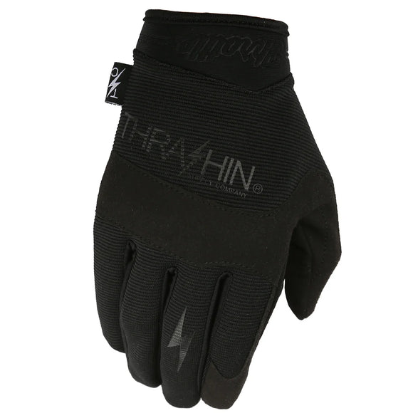 Black covert glove with 'Thrashin' logo on a white background