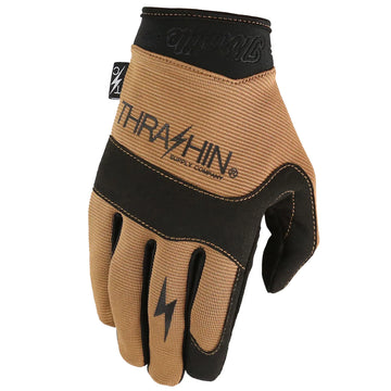 Tan and black Covert Motorcycle Riding glove with 'Thrashin Supply Company' branding 