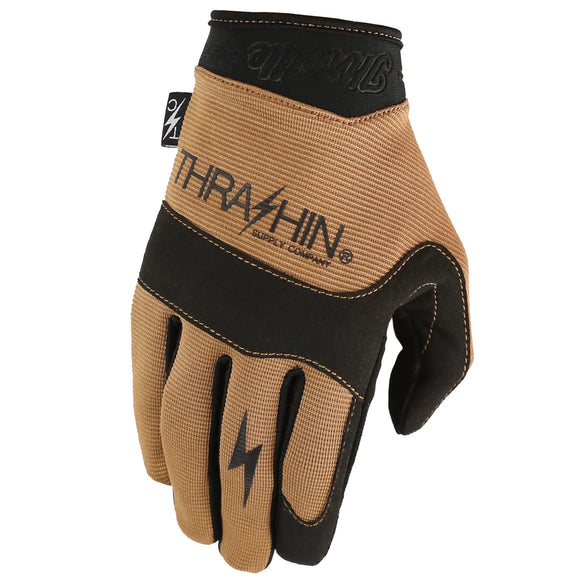 Tan and black Covert Motorcycle Riding glove with 'Thrashin Supply Company' branding 