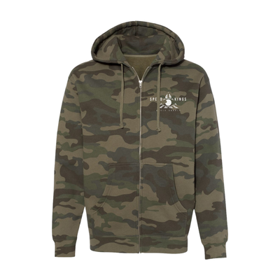 Camouflage hoodie with Speed Kings logo on a white background