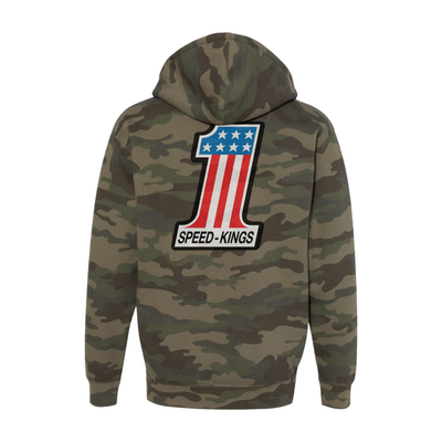 Camouflage hoodie with a 'Speed-Kings' #1 AMF Style logo on the back