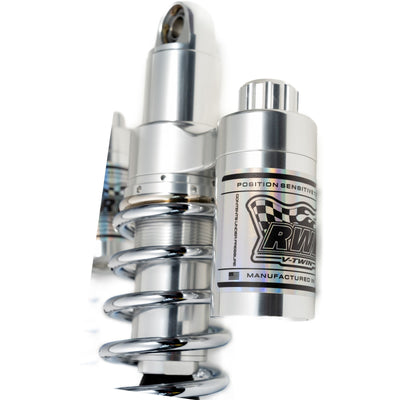 Close-up of RWD RS-2 polished FXR shock with chrome spring