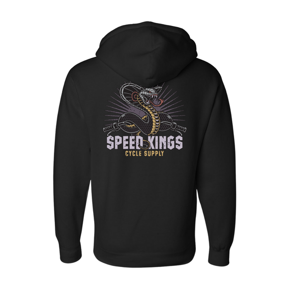 Black hoodie with Cobra graphic and 'Speed Kings Cycle Supply' text on the back, on a white background.