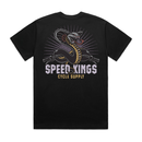 Black t-shirt with snake graphic and 'Speed Kings Cycle Supply' text on a white background