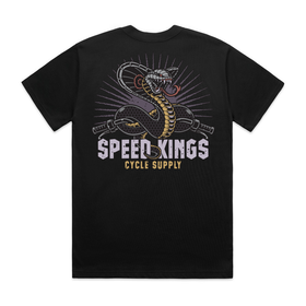 Black t-shirt with snake graphic and 'Speed Kings Cycle Supply' text on a white background