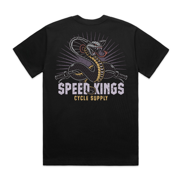Black t-shirt with snake graphic and 'Speed Kings Cycle Supply' text on a white background