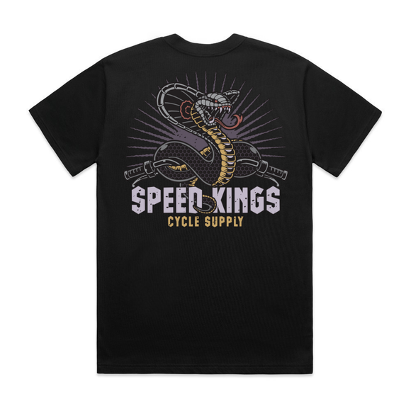 Black t-shirt with snake graphic and 'Speed Kings Cycle Supply' text on a white background
