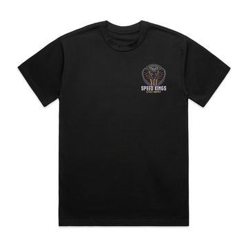 Black t-shirt with a cobra snake and speed kings text on a white background