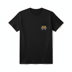 Black t-shirt with crossed bones Speed-Kings logo on the chest pocket against a white background