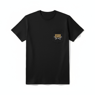 Black t-shirt with crossed bones Speed-Kings logo on the chest pocket against a white background