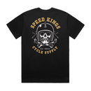 Black t-shirt with skull and helmet graphic and 'Speed Kings Cycle Supply' text on a white background