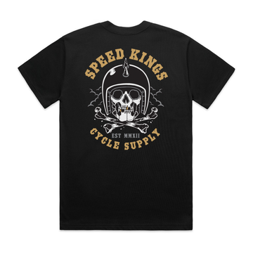 Black t-shirt with skull and helmet graphic and 'Speed Kings Cycle Supply' text on a white background
