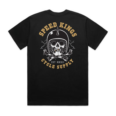 Black t-shirt with skull and helmet graphic and 'Speed Kings Cycle Supply' text on a white background
