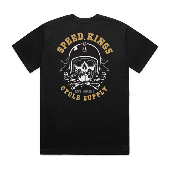 Black t-shirt with skull and helmet graphic and 'Speed Kings Cycle Supply' text on a white background