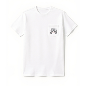 White t-shirt with crossed flags logo on the chest against a white background. T-shirt for Harley Davidson and Motorcycle fans by Speed-Kings