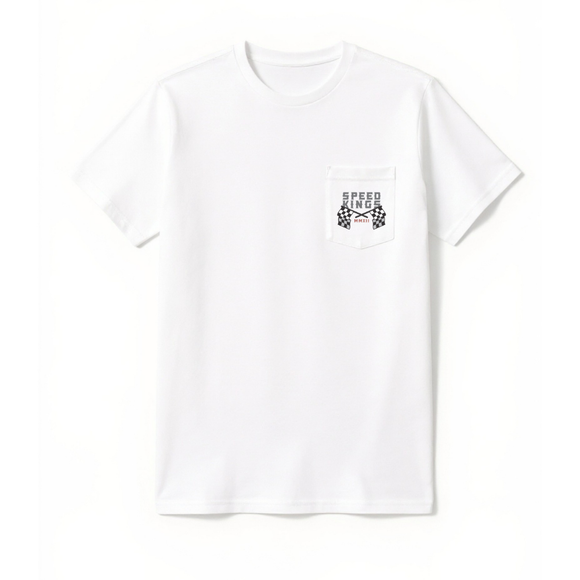 White t-shirt with crossed flags logo on the chest against a white background. T-shirt for Harley Davidson and Motorcycle fans by Speed-Kings