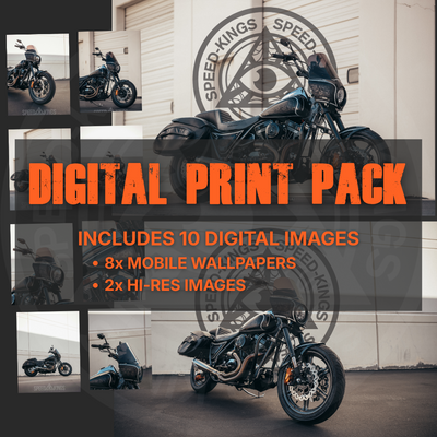Promotional graphic for a digital print pack featuring multiple motorcycle photos, large orange text reading 'DIGITAL PRINT PACK,' and smaller text stating it includes 10 digital images: 8 mobile wallpapers and 2 hi-res images.