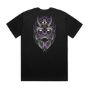 Black t-shirt with a purple and gray demon graphic design on the back against a white background