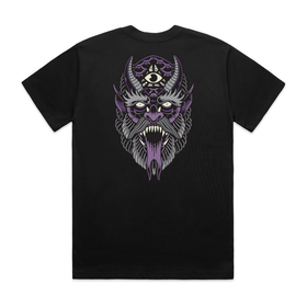 Black t-shirt with a purple and gray demon graphic design on the back against a white background