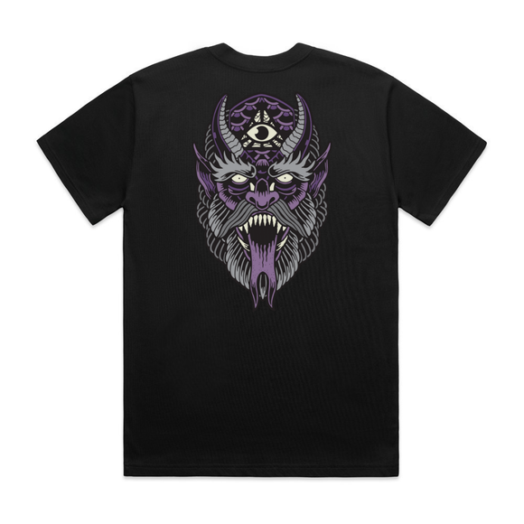 Black t-shirt with a purple and gray demon graphic design on the back against a white background