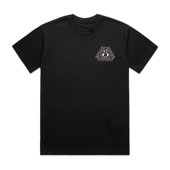 Black t-shirt with a speed kings all seeing eye logo on the chest against a white background