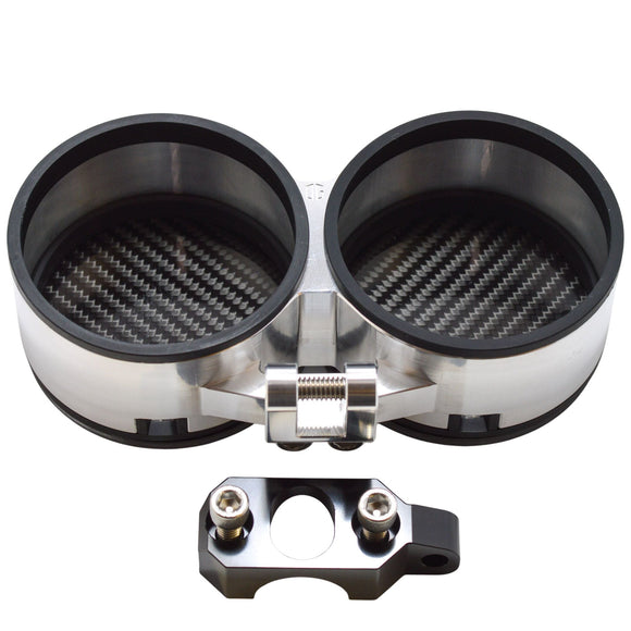 Aluminum dual motorcycle gauge pod with carbon-fiber inserts and handlebar mounting clamp