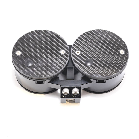 Black motorcycle dual gauge pod with carbon-fiber faceplates