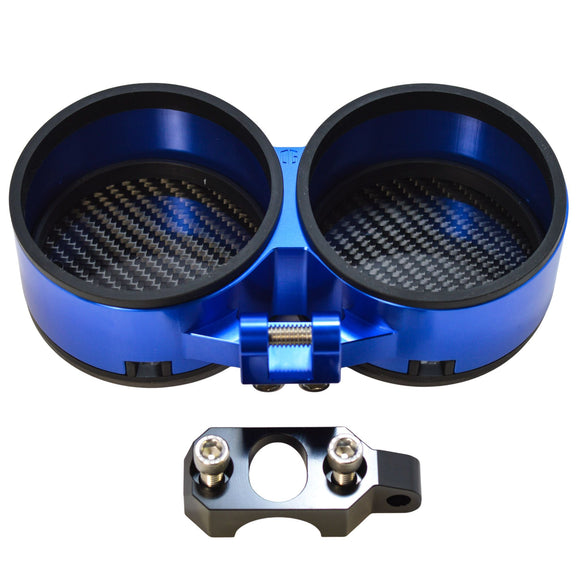 Blue dual gauge pod with carbon-fiber inserts and black mounting clamp