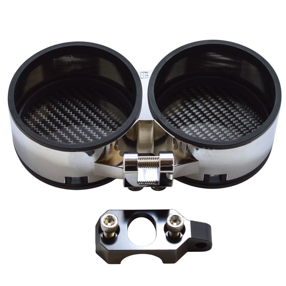 Chrome dual motorcycle gauge pod with carbon-fiber inserts and handlebar clamp