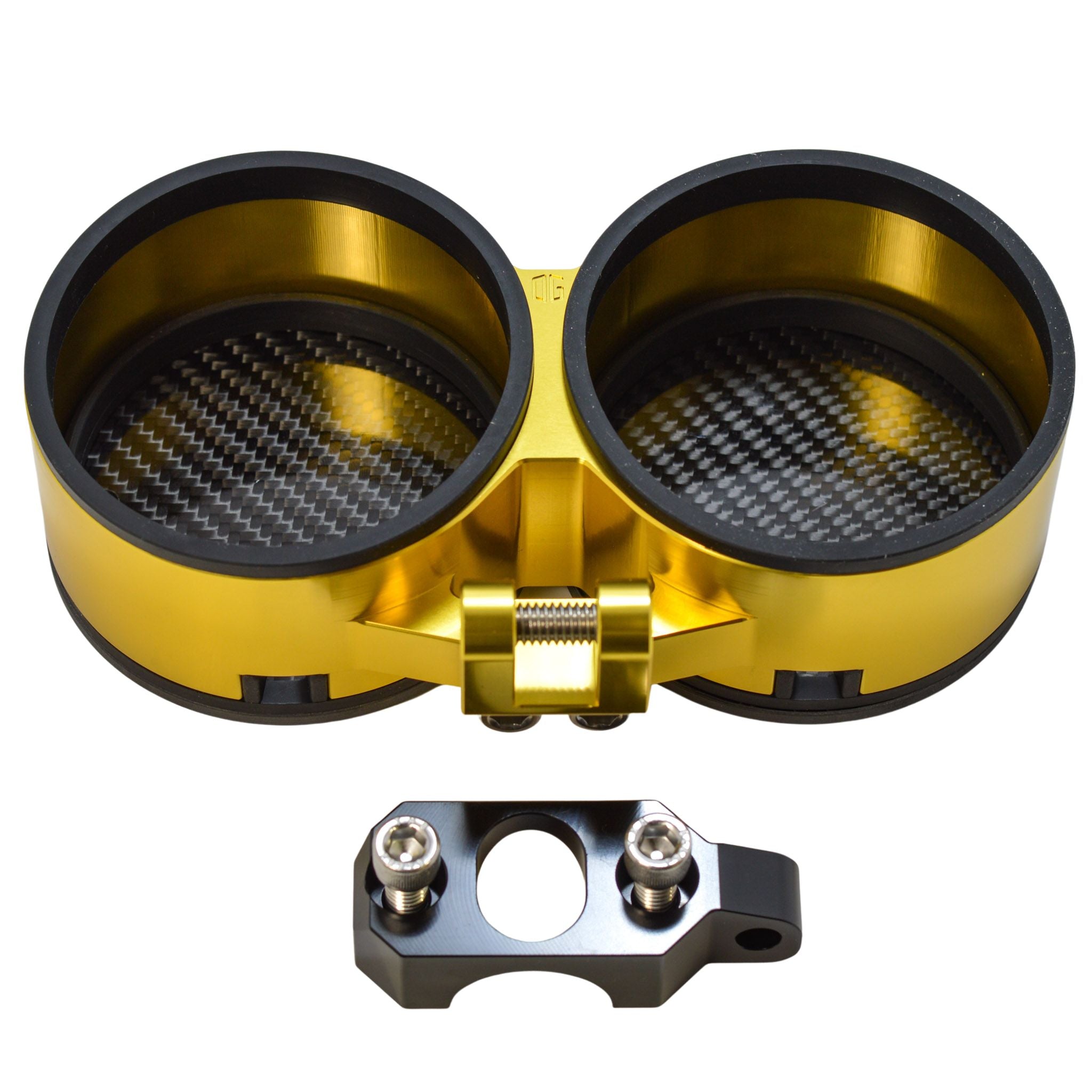 Gold motorcycle dual gauge pod with carbon fiber inserts