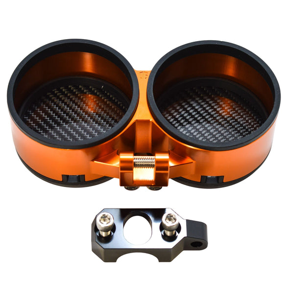 Orange anodized dual gauge pod with carbon-fiber inserts and black handlebar mounting bracket