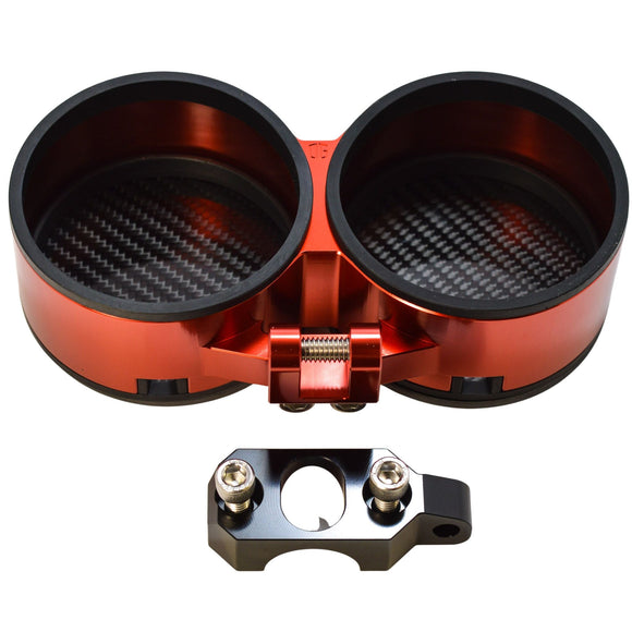 Red anodized dual gauge pod motorcycle mount with carbon-fiber backing