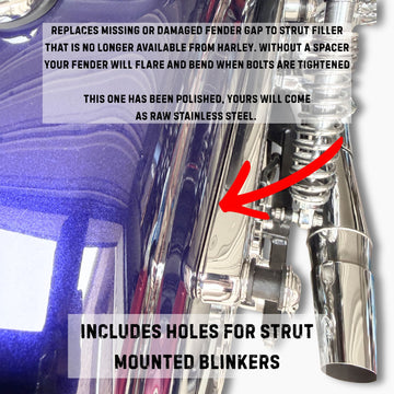 Dyna Motorcycle fender spacer with text explaining its use and features