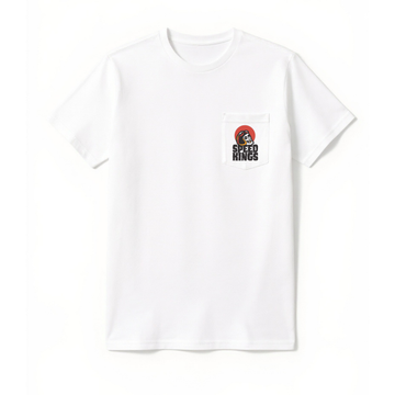 White t-shirt with a Skull in a Motorcycle Helmet + Speed Kings logo on the chest against a white background. Traditional American Tattoo Style Motorcycle Shirt