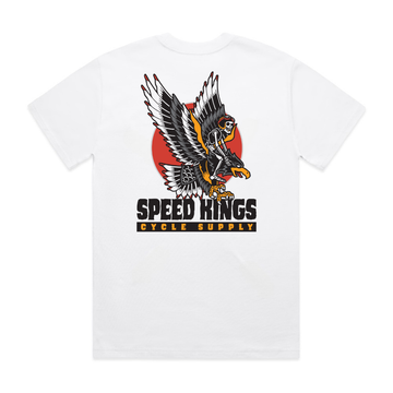 White t-shirt with 'Speed Kings Cycle Supply' graphic featuring a Skeleton riding an eagle on a red circle.