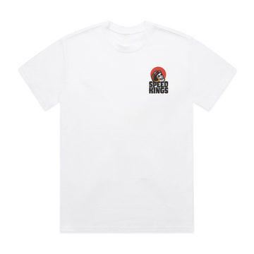 White t-shirt with a speed kings motorcycle supply logo and text on a white background