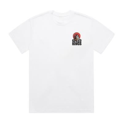 White t-shirt with a speed kings motorcycle supply logo and text on a white background