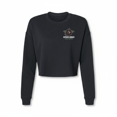 Women's moto black cropped sweatshirt with a tattoo flower design and speed kings text on the chest against a white background