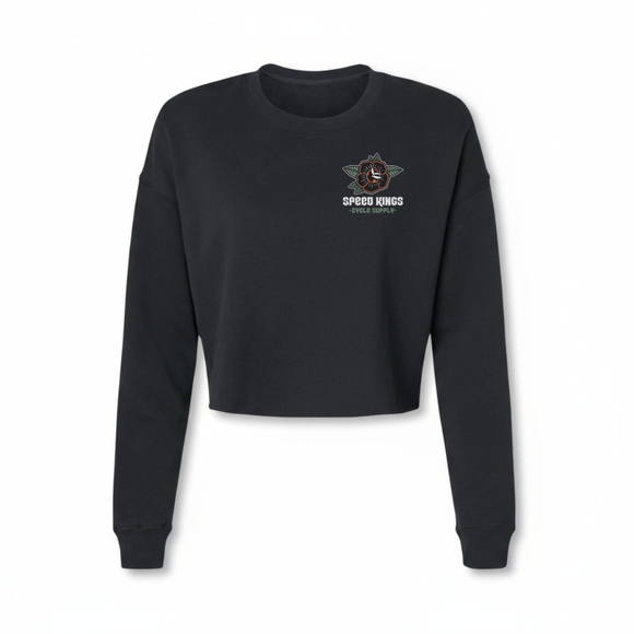 Women's moto black cropped sweatshirt with a tattoo flower design and speed kings text on the chest against a white background