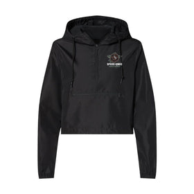 Black hooded jacket with a logo on a white background