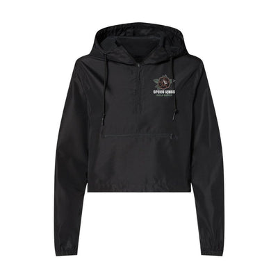 Black hooded jacket with a logo on a white background
