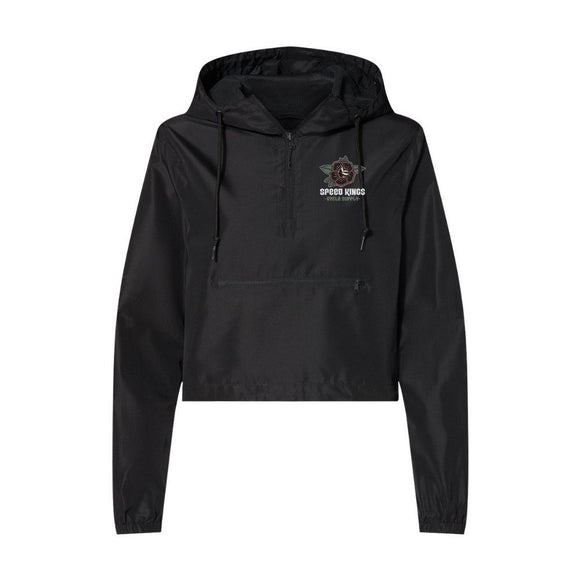 Black hooded jacket with a logo on a white background